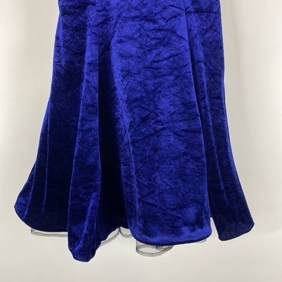 Vintage D.B.Y Ltd. Blue Velvet Bow 80s Dress Size 7 - Picture 3 of 10